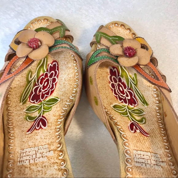 Genuine leather floral summer open toe sandals tan heels with strap Infinity - Picture 9 of 15